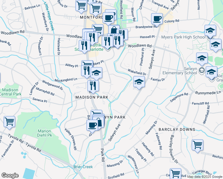 map of restaurants, bars, coffee shops, grocery stores, and more near 4731 Hedgemore Drive in Charlotte