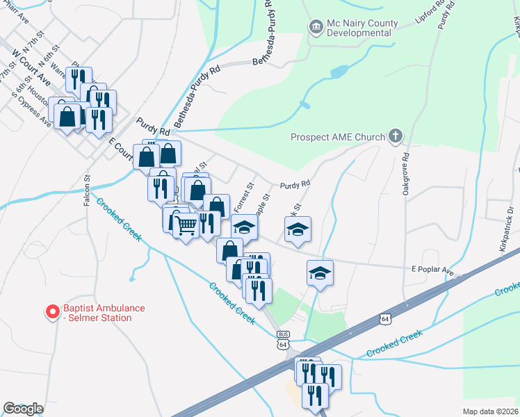 map of restaurants, bars, coffee shops, grocery stores, and more near 228 Maple Street in Selmer