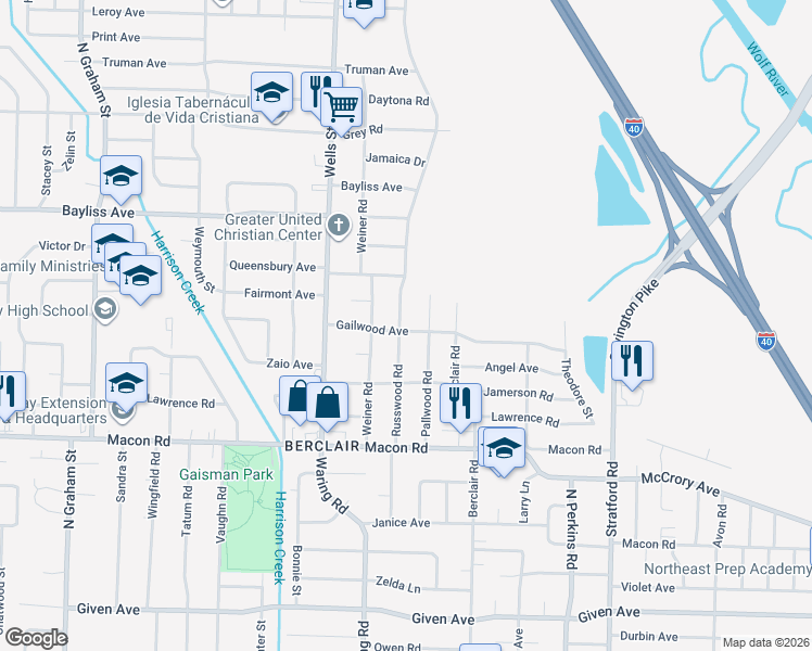 map of restaurants, bars, coffee shops, grocery stores, and more near 1265 Russwood Road in Memphis