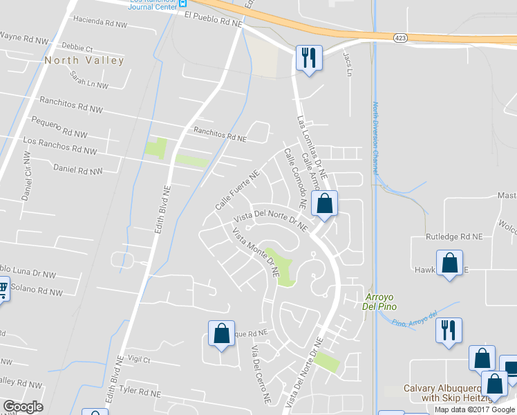 map of restaurants, bars, coffee shops, grocery stores, and more near 1004 Calle Corvo Northeast in Albuquerque