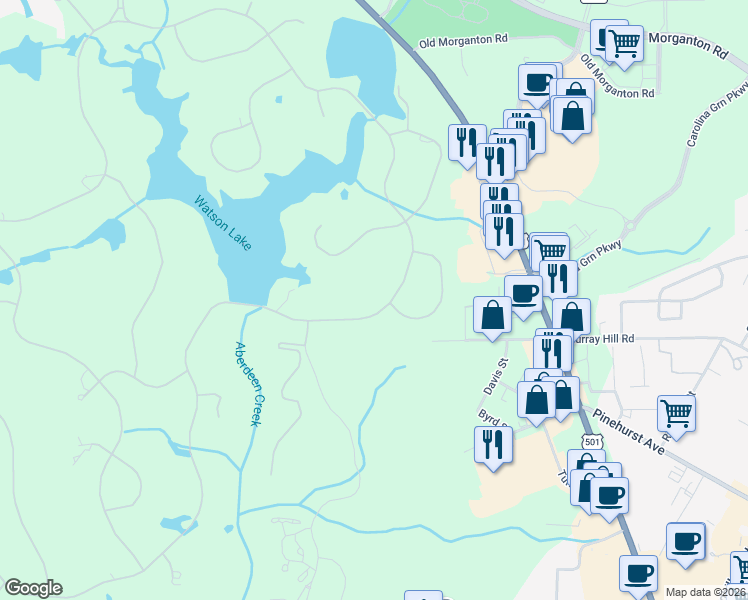 map of restaurants, bars, coffee shops, grocery stores, and more near 380 Lake Dornoch Drive in Pinehurst