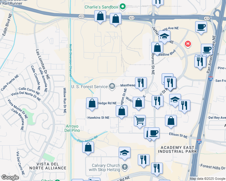 map of restaurants, bars, coffee shops, grocery stores, and more near 3900 Masthead Street Northeast in Albuquerque
