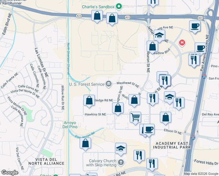 map of restaurants, bars, coffee shops, grocery stores, and more near 3900 Masthead Street Northeast in Albuquerque