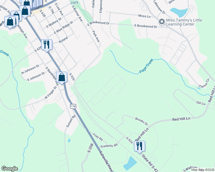 map of restaurants, bars, coffee shops, grocery stores, and more near 117 Shamrock Park Drive in Landrum