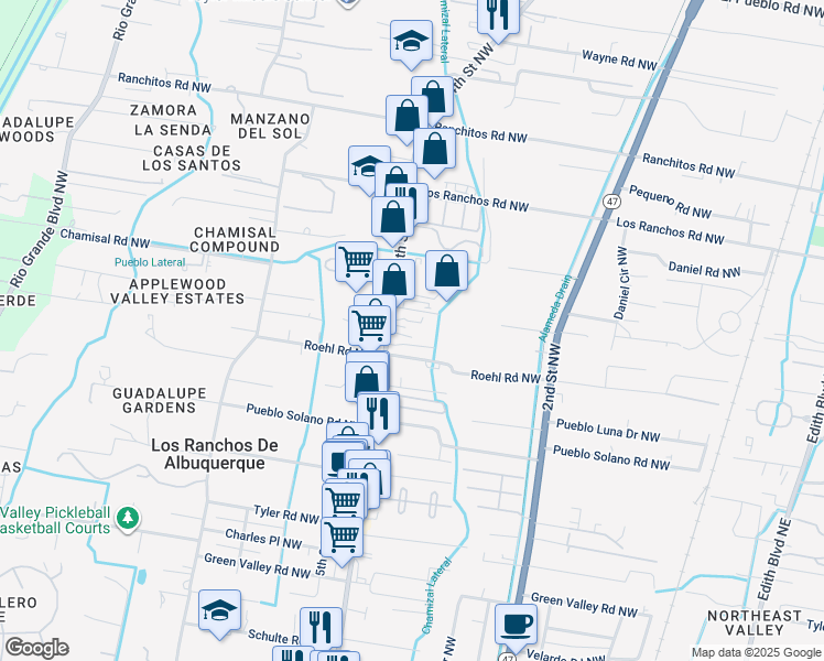 map of restaurants, bars, coffee shops, grocery stores, and more near 7226 4th Street Northwest in Los Ranchos de Albuquerque