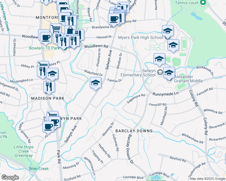 map of restaurants, bars, coffee shops, grocery stores, and more near 3239 Sunnymede Lane in Charlotte