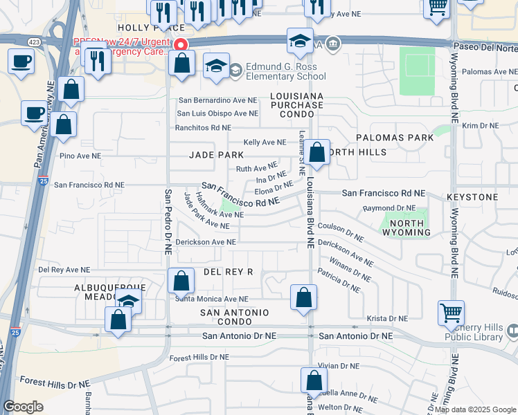 map of restaurants, bars, coffee shops, grocery stores, and more near 6812 San Francisco Road Northeast in Albuquerque