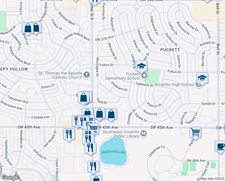 map of restaurants, bars, coffee shops, grocery stores, and more near 6818 Montague Drive in Amarillo