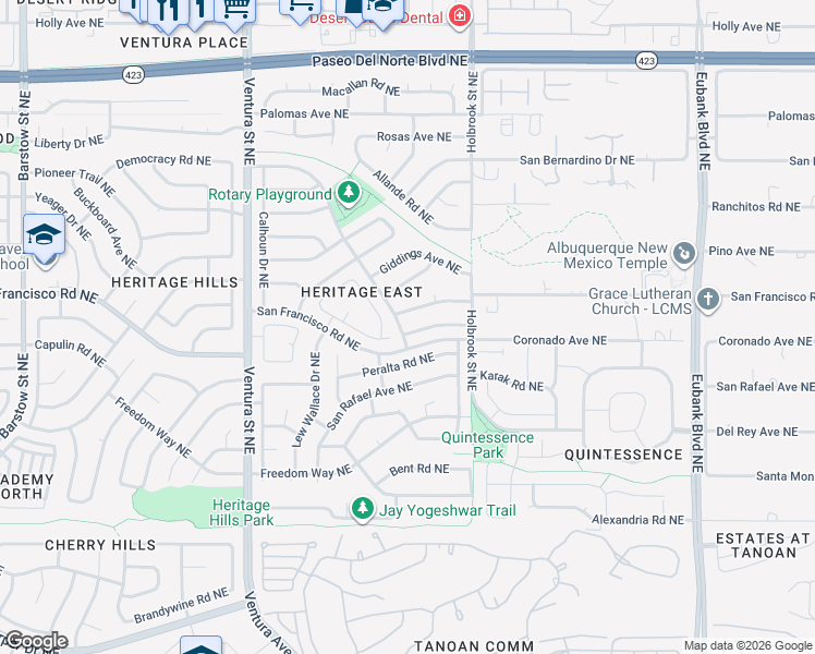 map of restaurants, bars, coffee shops, grocery stores, and more near 9601 Seligman Avenue Northeast in Albuquerque