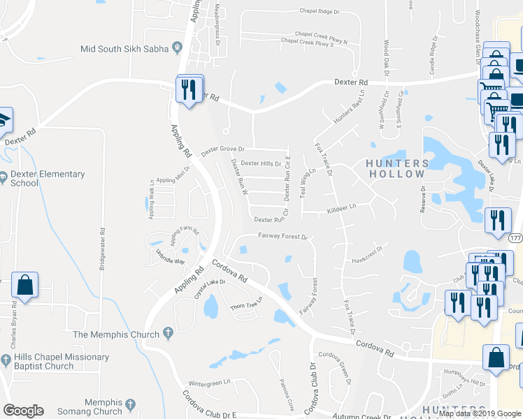 map of restaurants, bars, coffee shops, grocery stores, and more near 7609 Dexter Park Drive in Memphis