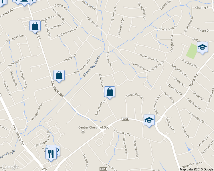 map of restaurants, bars, coffee shops, grocery stores, and more near 351 Shasta Lane in Charlotte