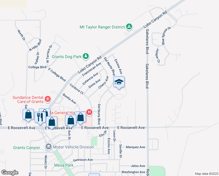 map of restaurants, bars, coffee shops, grocery stores, and more near 1607 Del Norte Boulevard in Grants
