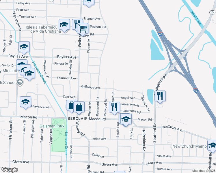 map of restaurants, bars, coffee shops, grocery stores, and more near 4434 Gailwood Avenue in Memphis