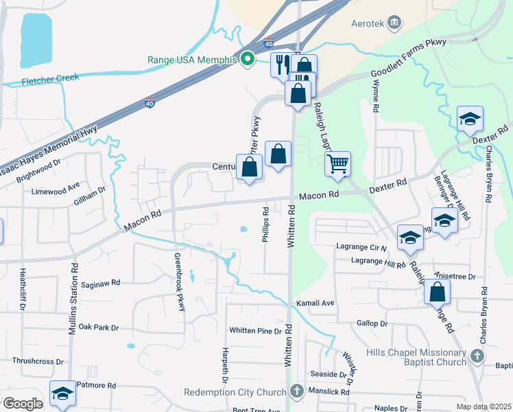 map of restaurants, bars, coffee shops, grocery stores, and more near 6717 Macon Road in Memphis