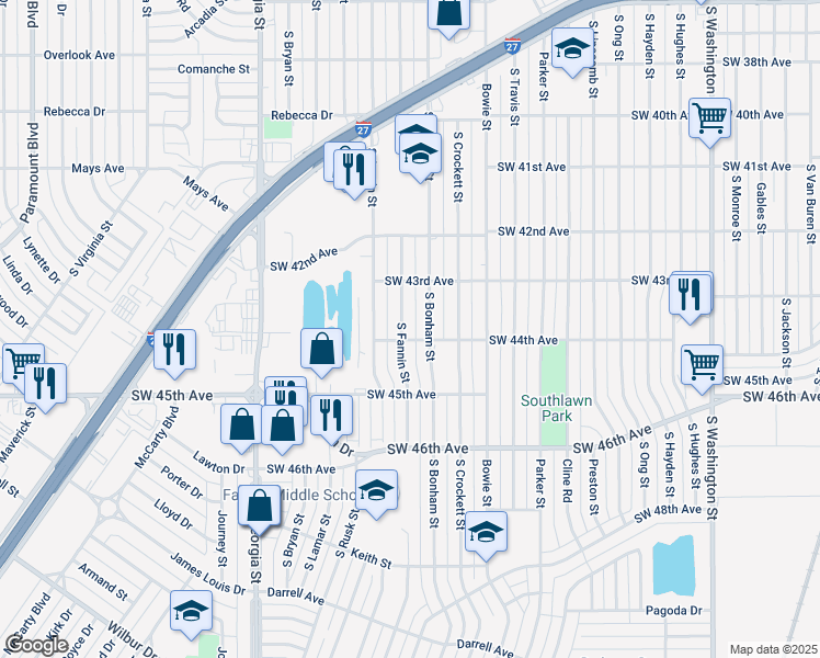 map of restaurants, bars, coffee shops, grocery stores, and more near 4317 South Fannin Street in Amarillo
