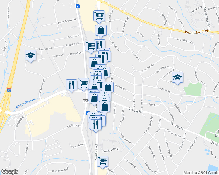 map of restaurants, bars, coffee shops, grocery stores, and more near 5308 Milford Road in Charlotte