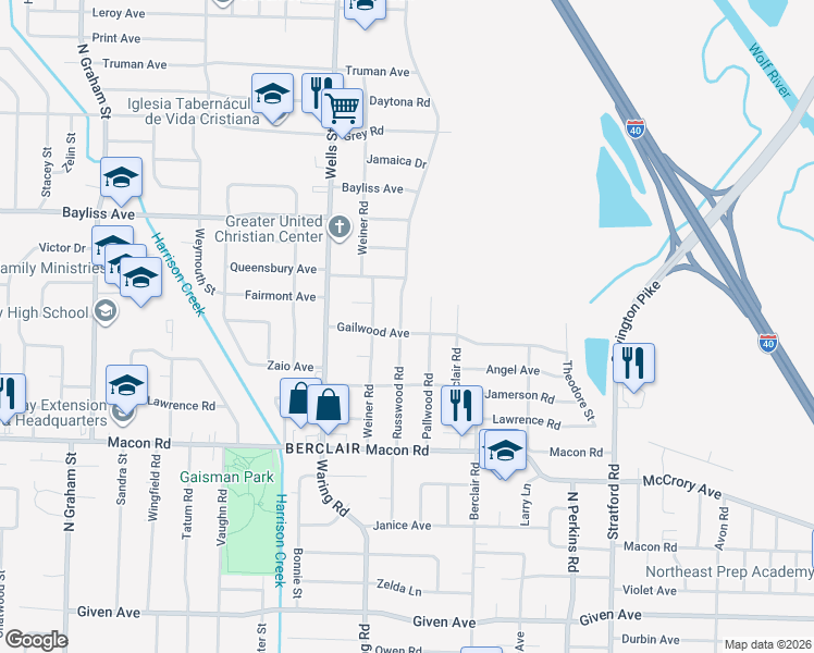 map of restaurants, bars, coffee shops, grocery stores, and more near 1265 Russwood Road in Memphis