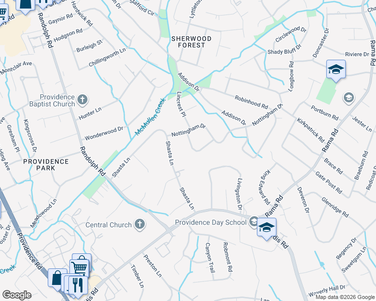 map of restaurants, bars, coffee shops, grocery stores, and more near 5332 Finsbury Place in Charlotte