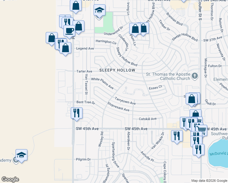 map of restaurants, bars, coffee shops, grocery stores, and more near 7701 White Plains Avenue in Amarillo