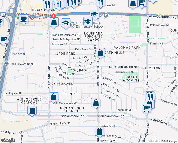 map of restaurants, bars, coffee shops, grocery stores, and more near 6837 Hallmark Avenue Northeast in Albuquerque