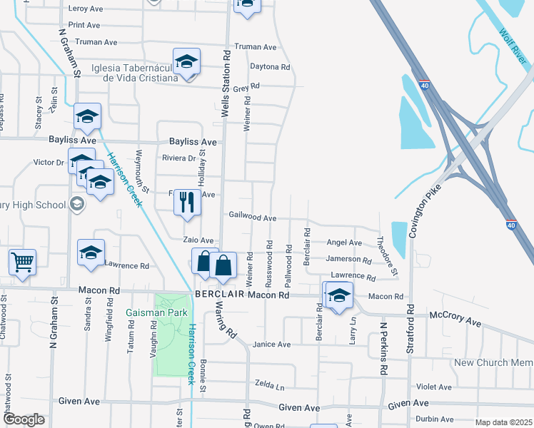 map of restaurants, bars, coffee shops, grocery stores, and more near 1265 Russwood Road in Memphis
