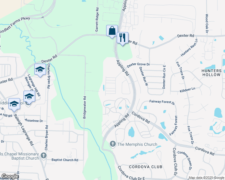 map of restaurants, bars, coffee shops, grocery stores, and more near 7429 Appling Rain Drive in Shelby