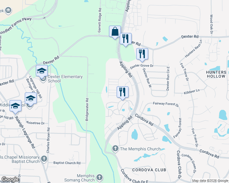 map of restaurants, bars, coffee shops, grocery stores, and more near 7423 Appling Rain Drive in Shelby County