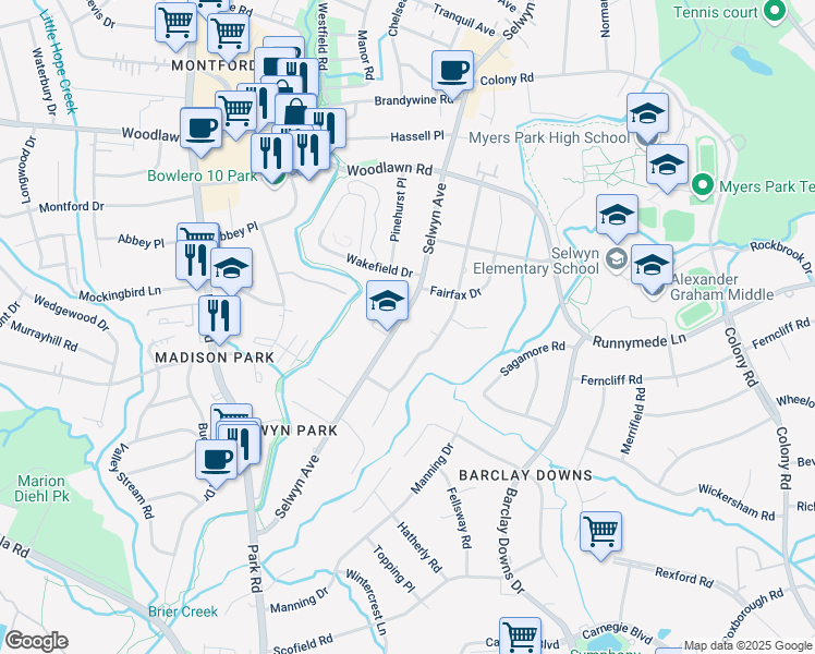 map of restaurants, bars, coffee shops, grocery stores, and more near 3347 Selwyn Avenue in Charlotte