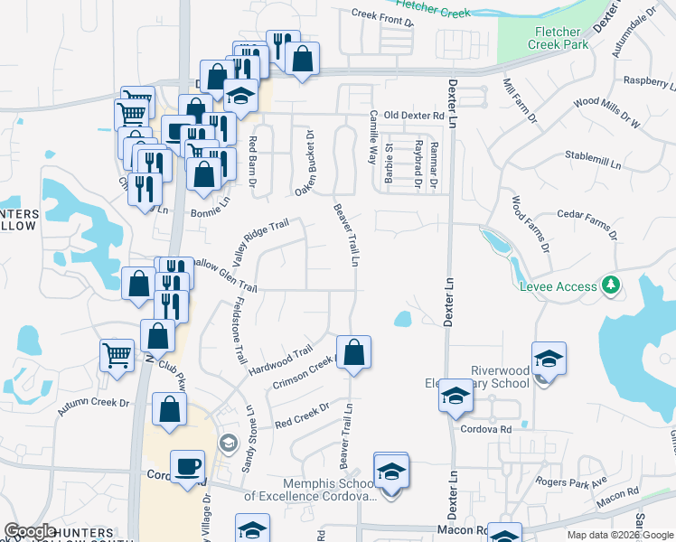 map of restaurants, bars, coffee shops, grocery stores, and more near 8295 Shallow Rock Cove in Memphis