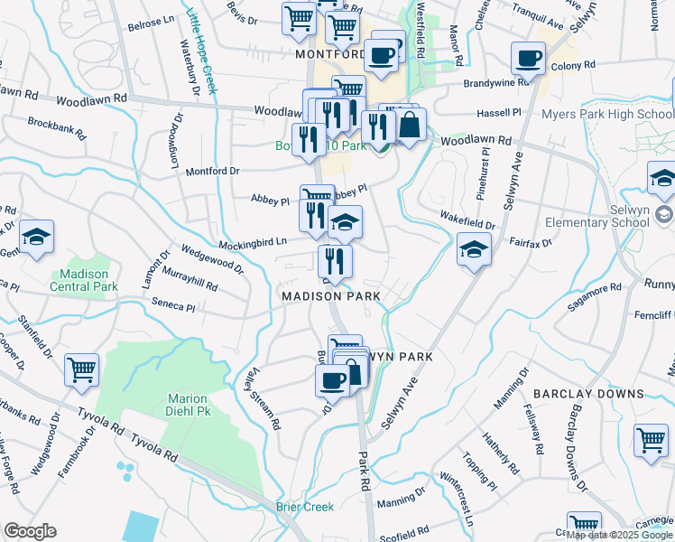 map of restaurants, bars, coffee shops, grocery stores, and more near 4717 Park Road in Charlotte