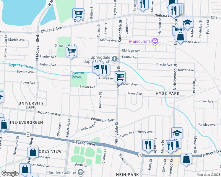 map of restaurants, bars, coffee shops, grocery stores, and more near 2170 Piedmont Avenue in Memphis