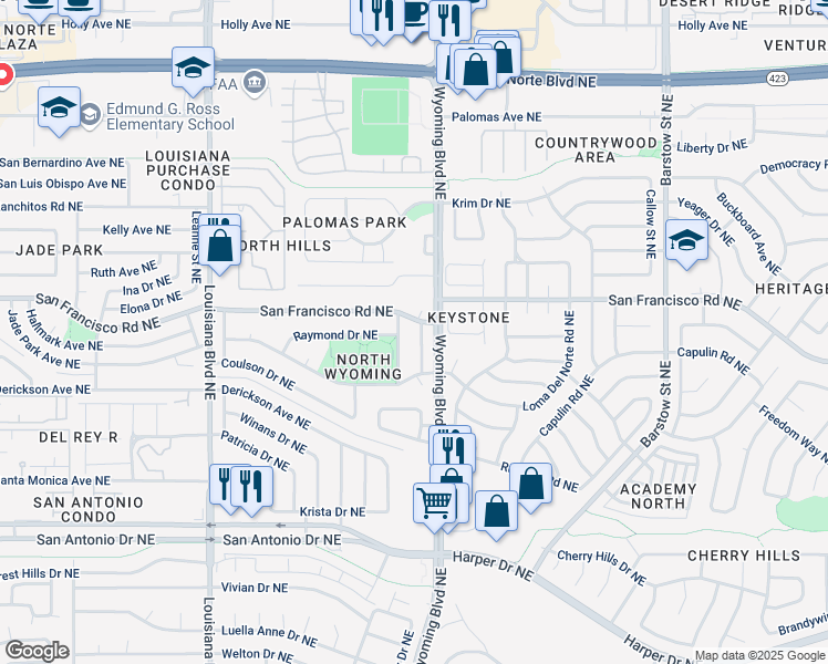 map of restaurants, bars, coffee shops, grocery stores, and more near 7805 Raymond Drive Northeast in Albuquerque
