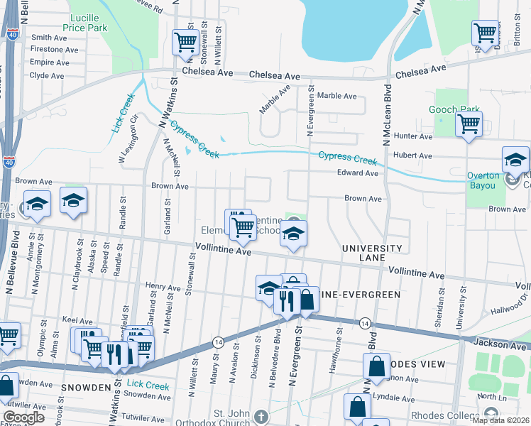 map of restaurants, bars, coffee shops, grocery stores, and more near 1070 Terry Circle in Memphis