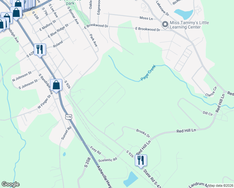 map of restaurants, bars, coffee shops, grocery stores, and more near 117 Shamrock Park Drive in Landrum