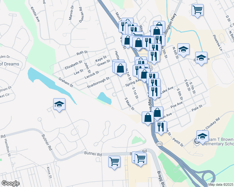 map of restaurants, bars, coffee shops, grocery stores, and more near 105 Priddy Street in Spring Lake