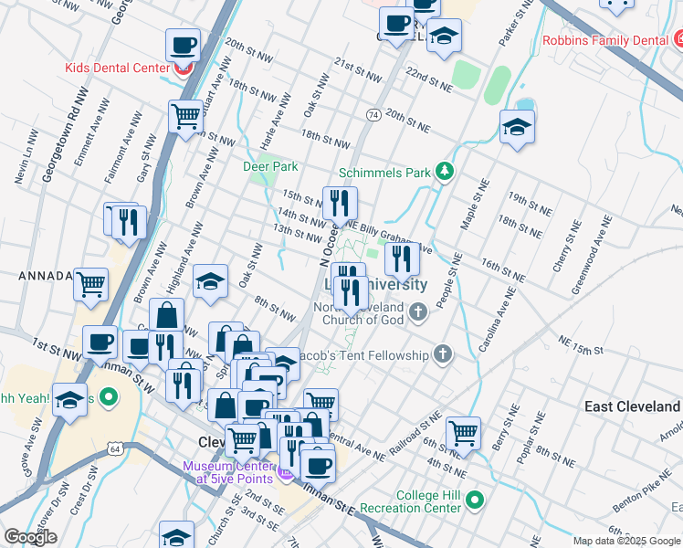 map of restaurants, bars, coffee shops, grocery stores, and more near 1120 North Ocoee Street in Cleveland
