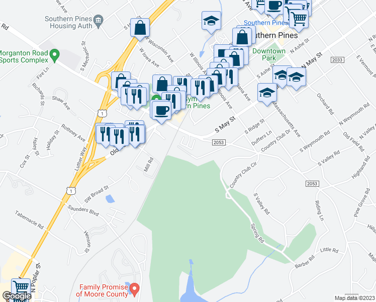 map of restaurants, bars, coffee shops, grocery stores, and more near 18 Elk Ridge Lane in Southern Pines