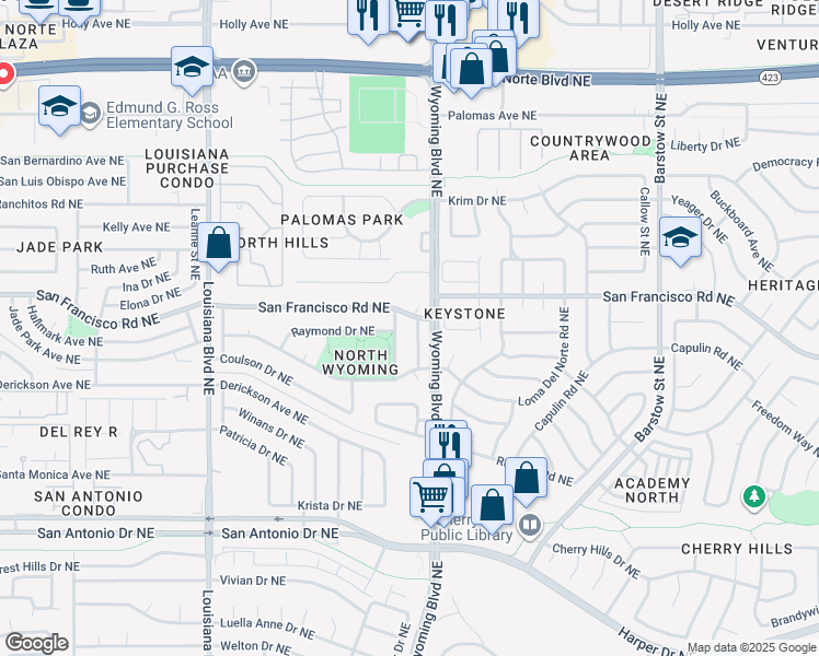 map of restaurants, bars, coffee shops, grocery stores, and more near 7805 Raymond Drive Northeast in Albuquerque
