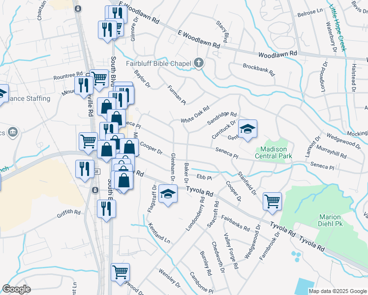 map of restaurants, bars, coffee shops, grocery stores, and more near 500 Seneca Place in Charlotte