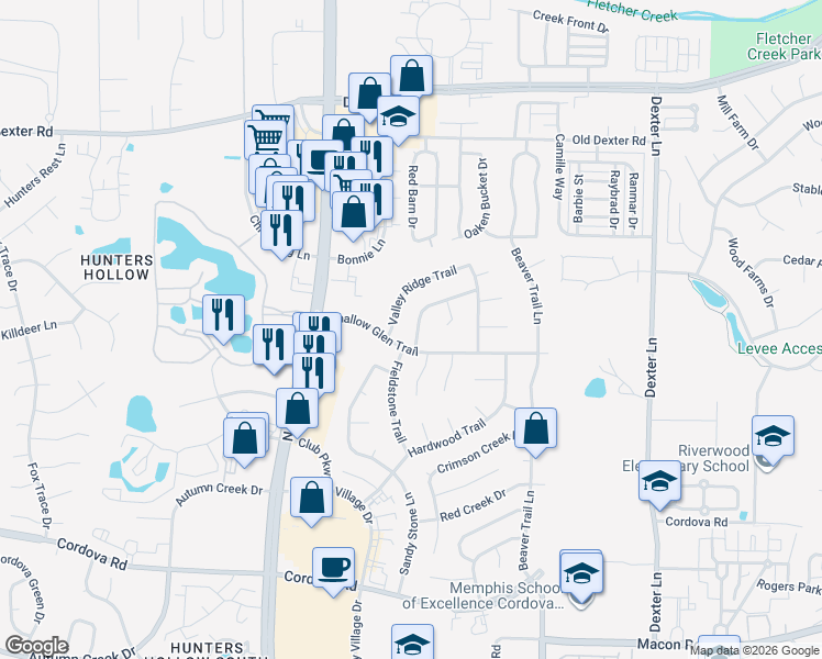 map of restaurants, bars, coffee shops, grocery stores, and more near 8188 Timber Hill Trail in Memphis