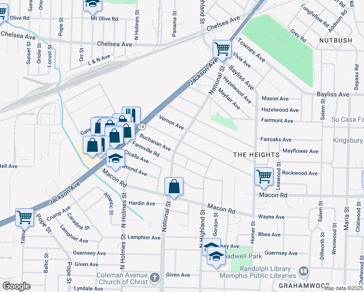 map of restaurants, bars, coffee shops, grocery stores, and more near 3437 Rockwood Avenue in Memphis