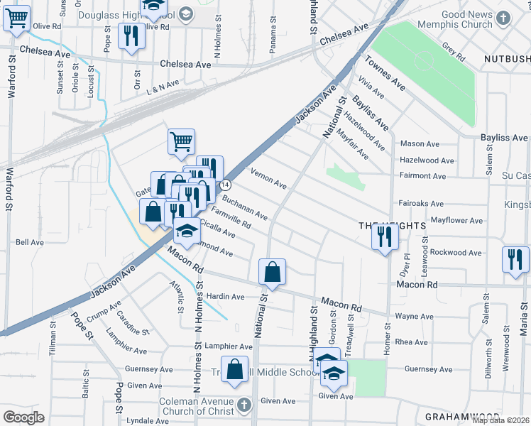map of restaurants, bars, coffee shops, grocery stores, and more near 3394 Buchanan Avenue in Memphis