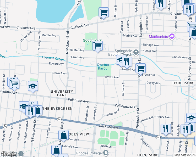 map of restaurants, bars, coffee shops, grocery stores, and more near 1059 University Street in Memphis