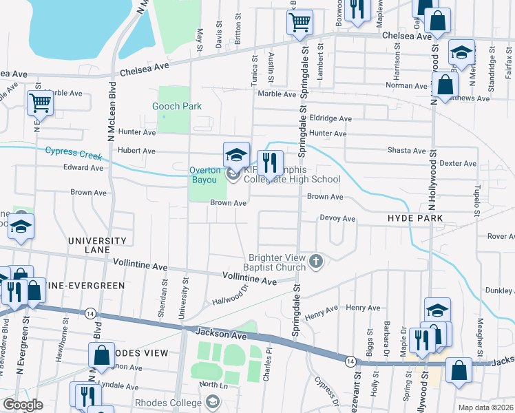 map of restaurants, bars, coffee shops, grocery stores, and more near 2130 Piedmont Avenue in Memphis