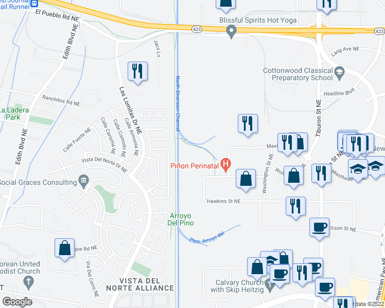 map of restaurants, bars, coffee shops, grocery stores, and more near 99999 Rutledge Road Northeast in Albuquerque