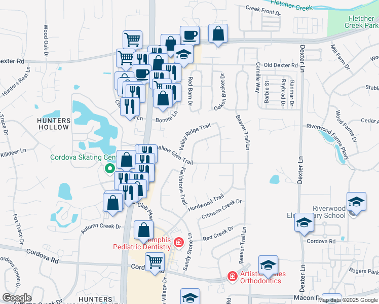 map of restaurants, bars, coffee shops, grocery stores, and more near 8188 Timber Hill Trail in Cordova