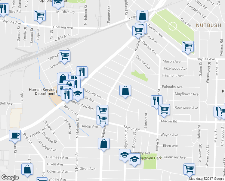 map of restaurants, bars, coffee shops, grocery stores, and more near 3437 Rockwood Avenue in Memphis