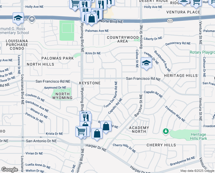 map of restaurants, bars, coffee shops, grocery stores, and more near 8121 Shannon Street Northeast in Albuquerque