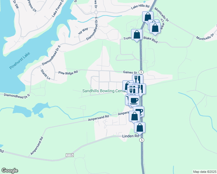 map of restaurants, bars, coffee shops, grocery stores, and more near McRae Street in Moore County