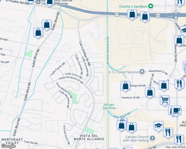 map of restaurants, bars, coffee shops, grocery stores, and more near 7615 Jackrabbit Street Northeast in Albuquerque